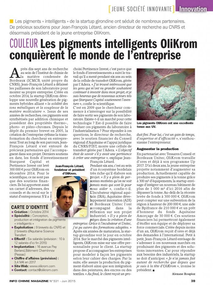 OliKrom pigments in Info Chimie magazine